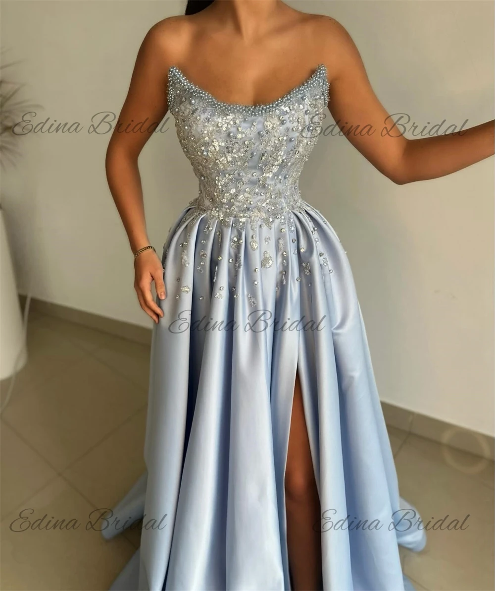 Strapless A-line Backless Pleat Pearls Prom Gown High Slit Satin Sleeveless Evening Dresses Sweep Train فساتين سهرة فخمه