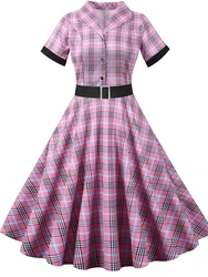 2024 New Fashion Elegant Short Sleeve Suit Collar Slim Fit Dress Vintage 1950s 60s Plaid Print Party Rockabilly Dresses and Belt