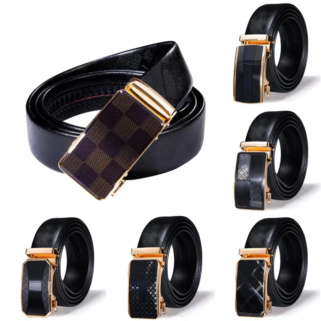 

Gold Black Automatic Buckle 2023 New Mens Belts Black Genuine Leather Ratchet Waist Belt For Men Dress Jean Wedding Party Hi-Tie