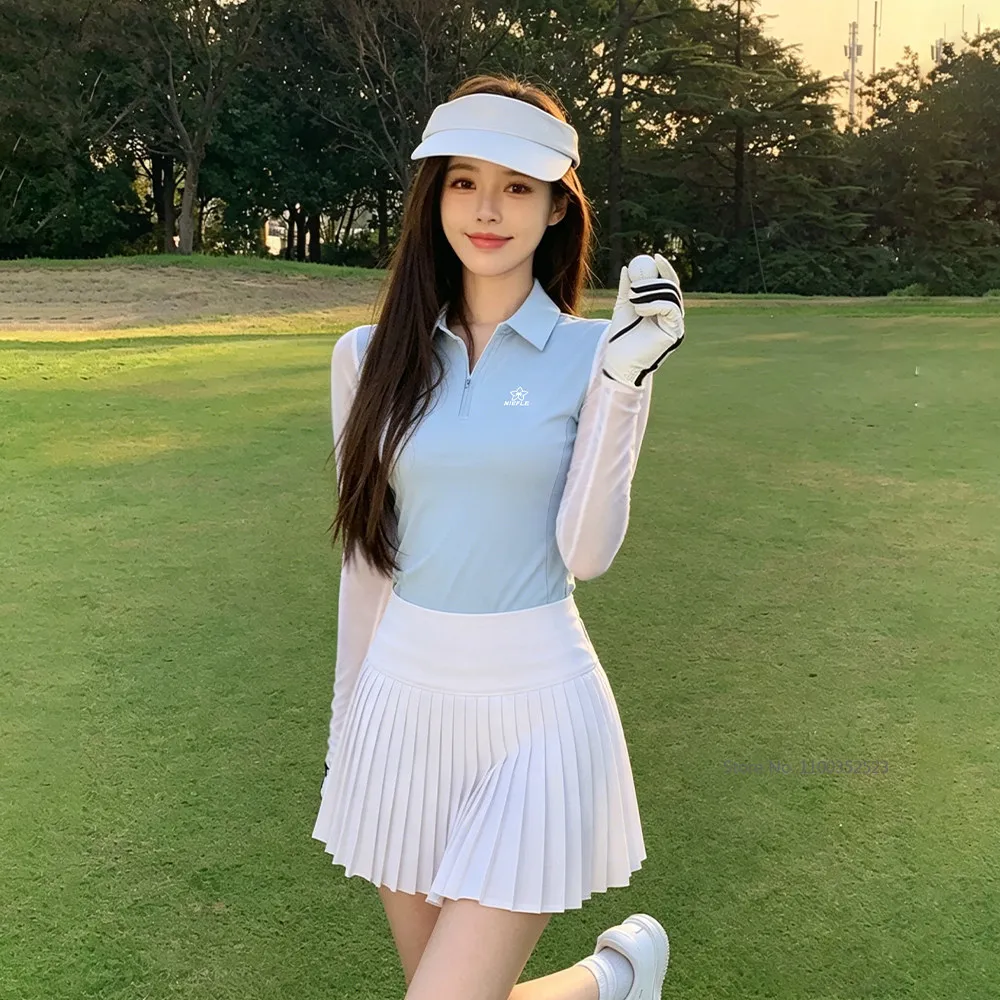 Niefle Women Sunscreen Golf Shirts Ice Silk Long-sleeve T-shirt Zipper Collar Tops Lady Golf Pleated Skirt A-Lined Golf Skorts