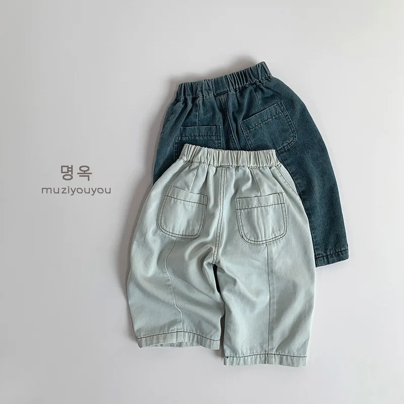 

2025 Summer New Children Soft Denim Wide Leg Pants Solid Boys Loose Trousers Girls Thin Jeans Baby Casual Pants Kids Clothes