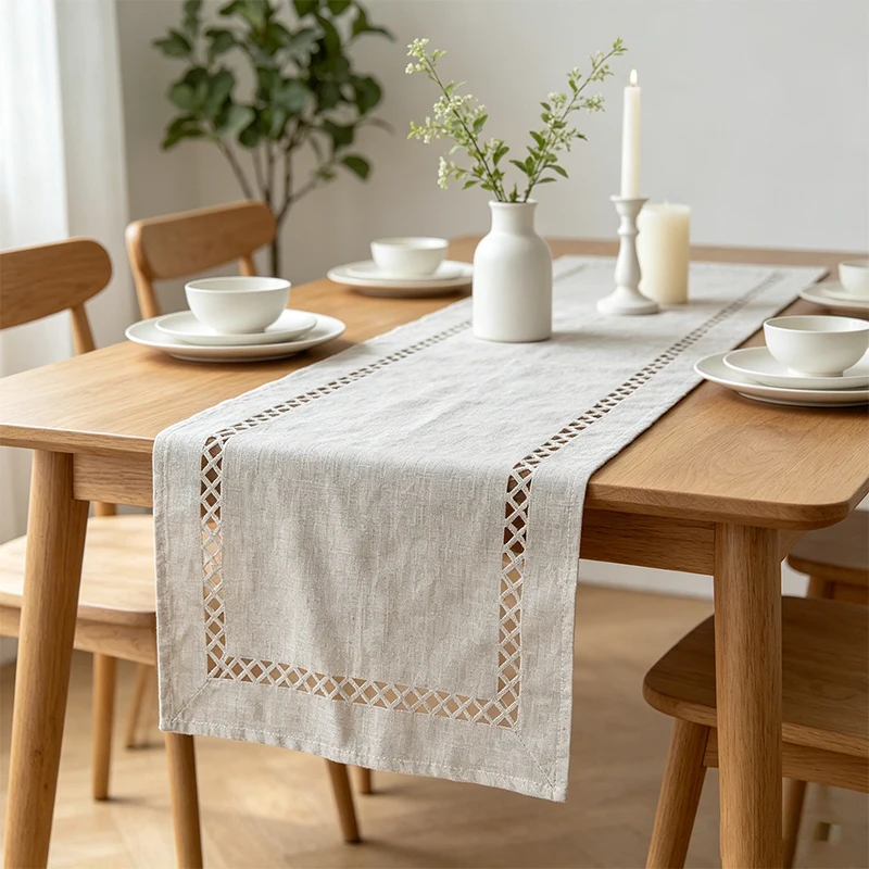 Elegant Burlap Farmhouse Table Runner Coffee Rustic Geometric Hollow Table Runners for Dresser Wedding Birthday Table Decoration