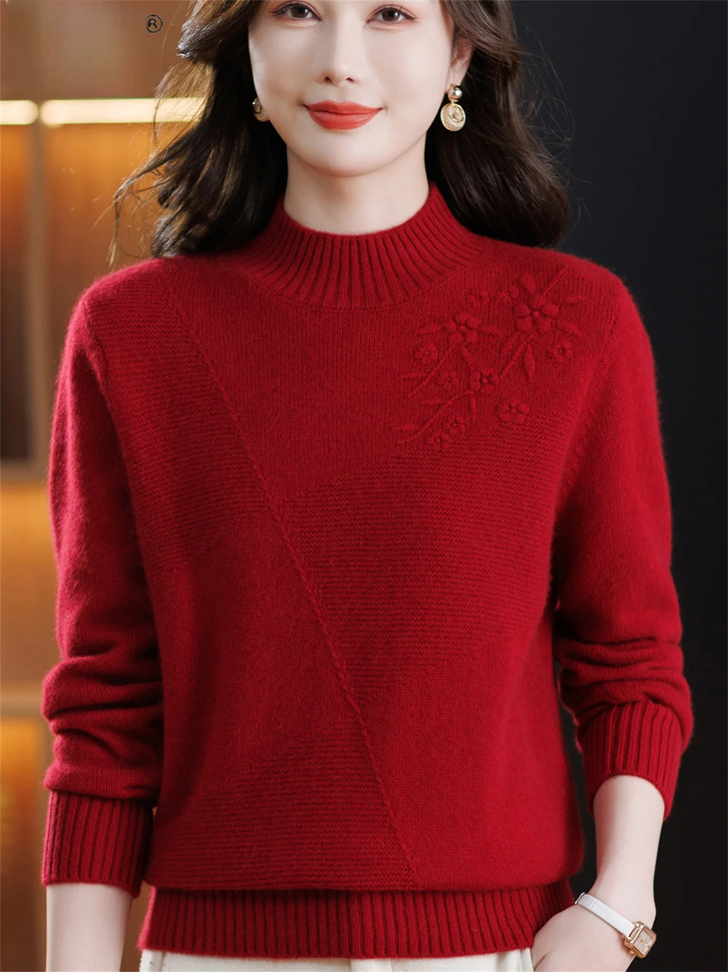 

Warmth Embroidered Woolen f High Collar Mommy Sle Top for Middle-Aged And ly Faionable Versatile Boting irt