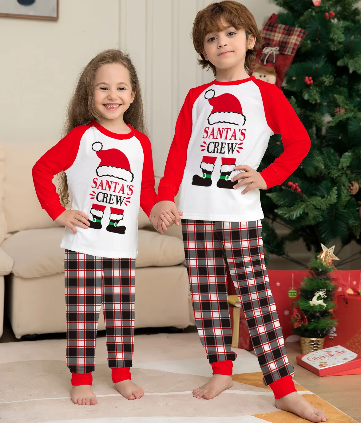 Xmas Family Matching Pajamas 2022 New Cartoon Christmas Hat Letter Print Plaid Pants Adult Kids Suit Baby Jumpsuit Dog Clothes