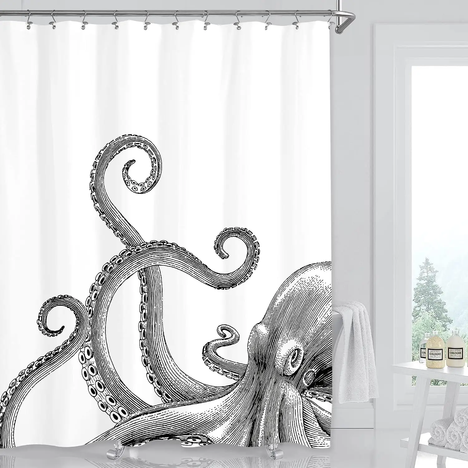Waterproof Octopus Shower Curtain Nautical Bathroom Ocean Art Sketch Print Polyester Liner Decor for Shower Room