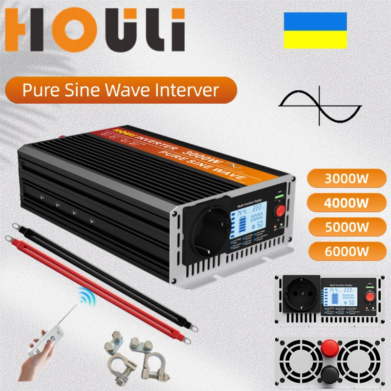 HOULI inverter pure sine 12v 220v инвертор 24v Frequency converter clean sinys Control 50hz 6000W EU socket lcd