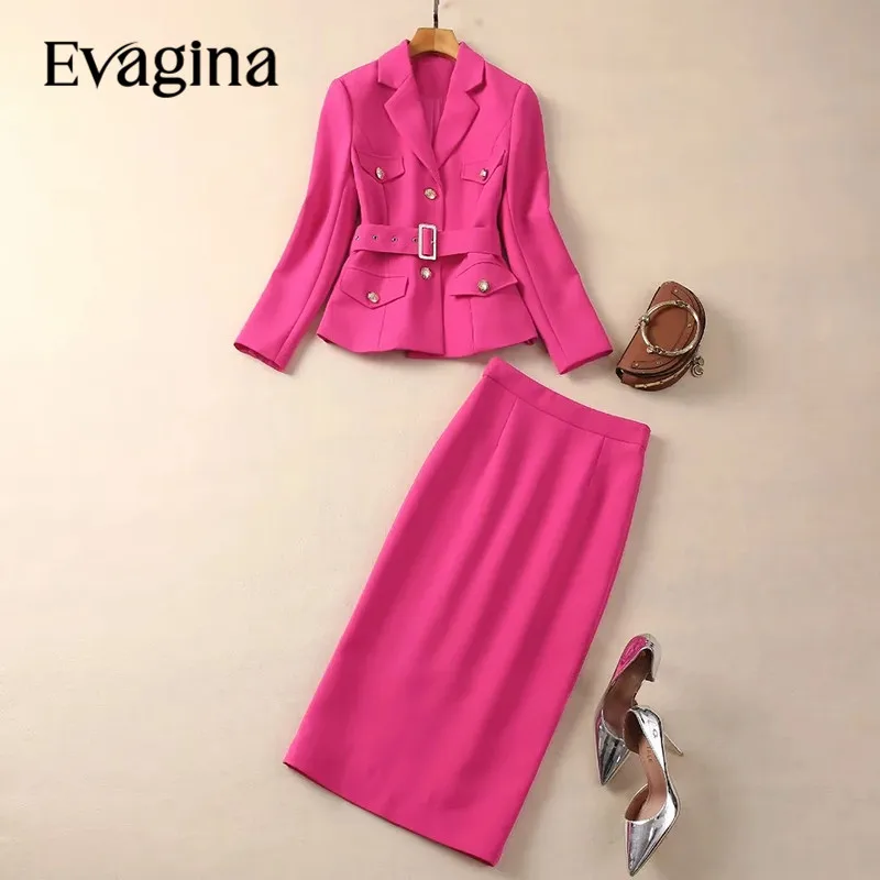 Evagina-Veste à Manches sulfet Col à Revers pour Femme, Tenue de Styliste, Style Frenulum Imbibé, Jupe Ronde aux Hanches, Ensemble de 2 Pièces, Nouvelle Mode