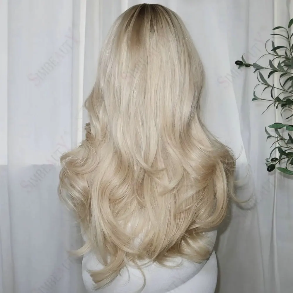 Super lockere, gewellte, dunkelblonde Wurzeln, Ombre-Platinblond, Echthaar, 1X4 U-Part-Perücken, klebefrei, verstellbare V-Part-Perücken mit Clips – Detail 4