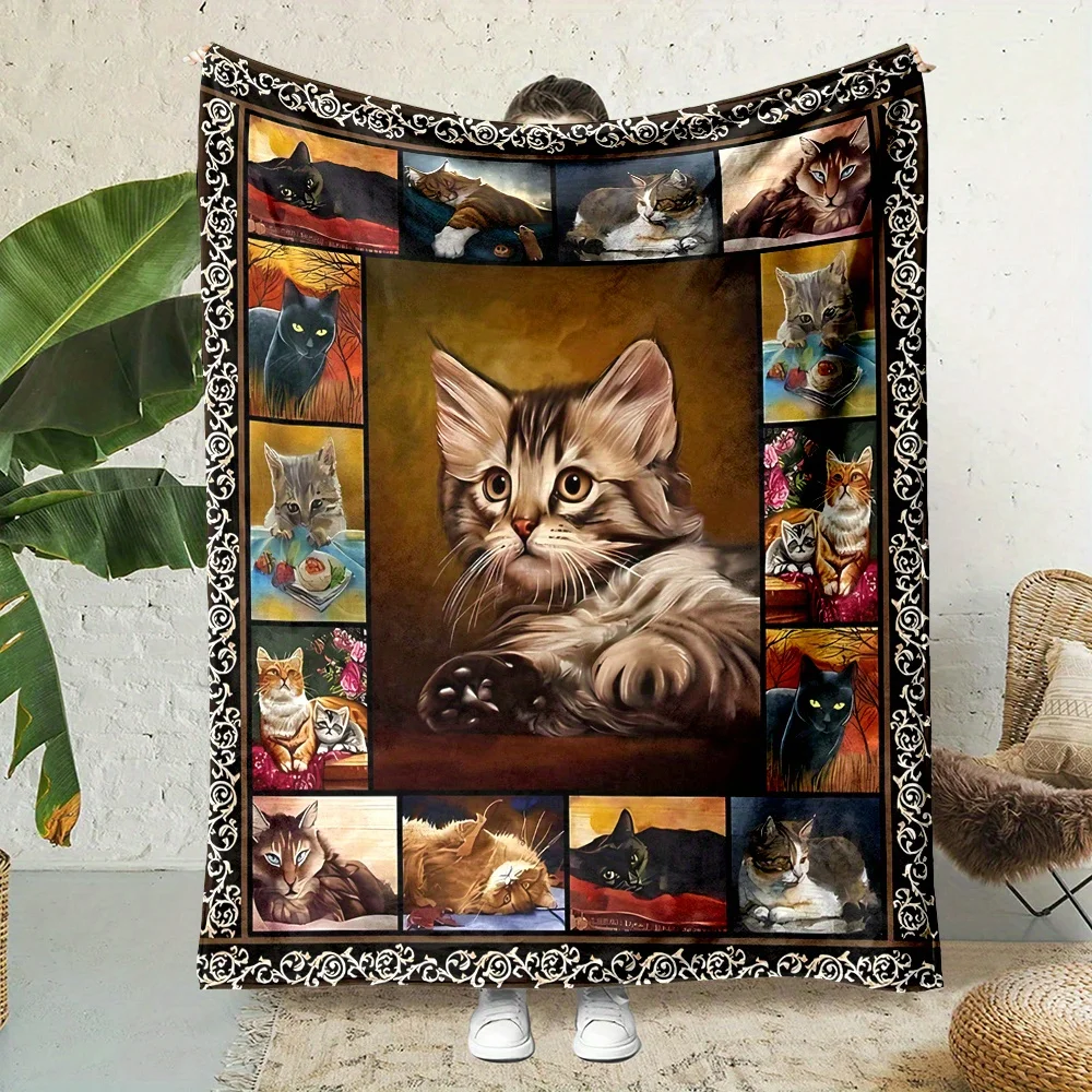 Cute Hand-Drawn Pet Cat Grid Pattern Blanket, All-Season Warm and Cool Blanket