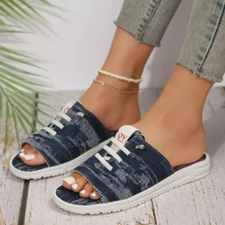 New Ladies Slippers Canvas  Lace-up  Open-toed New Flat-Bottom  Casual Women Fashion Denim Beach Shoes Sandalias Mujer