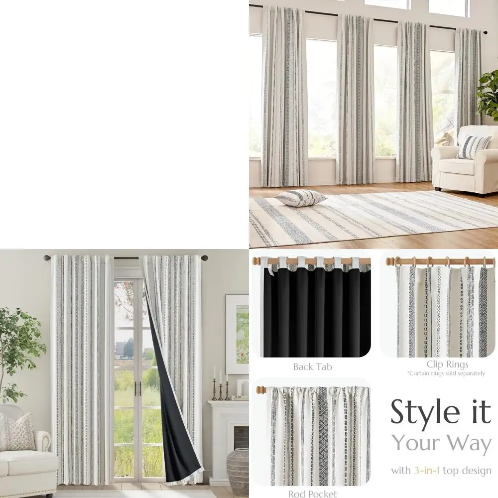 

Шторы блэкаут 2,74 м (90 дюймов) в богемном стиле, утепленные, с черным геометрическим принтом на бежевом фоне, с креплением на крючки, затемняющие, 2 шт.