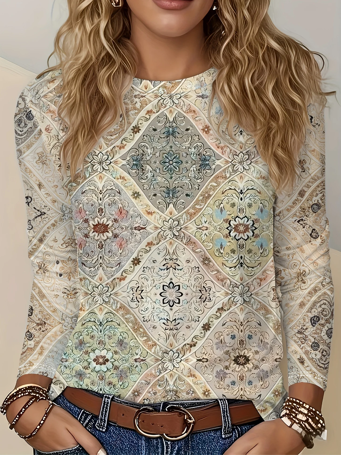 Women T‑Shirt Long Sleeve 3D Vintage Boho Tile Pattern Print Tees Casual Street Female Wear Daily O‑Neck Top Women's Clothes
