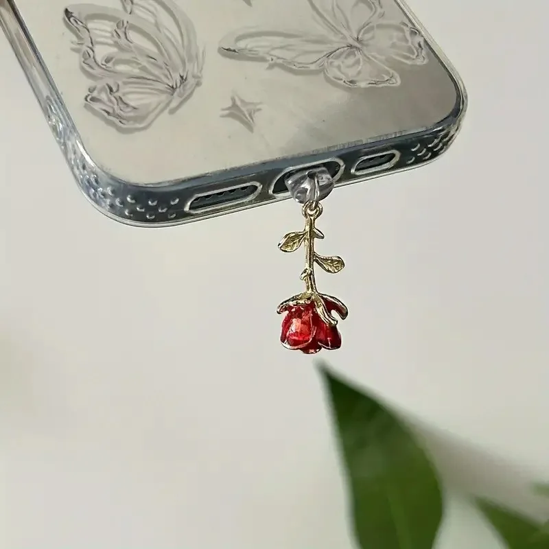 

1pc Red Rose Flower Phone Dust Plug Charm Soft Rubber Dustproof Plugs for Type-C Android Phone Universal Dust Plug for IPhone