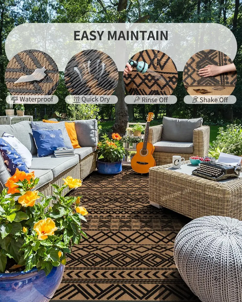 Outdoor Rug 8x10 Waterproof Outdoor Patio Rug Mat Reverisble Plastic Straw Outdoor Rug for RV Camping Picnic Beach Balcony Boho