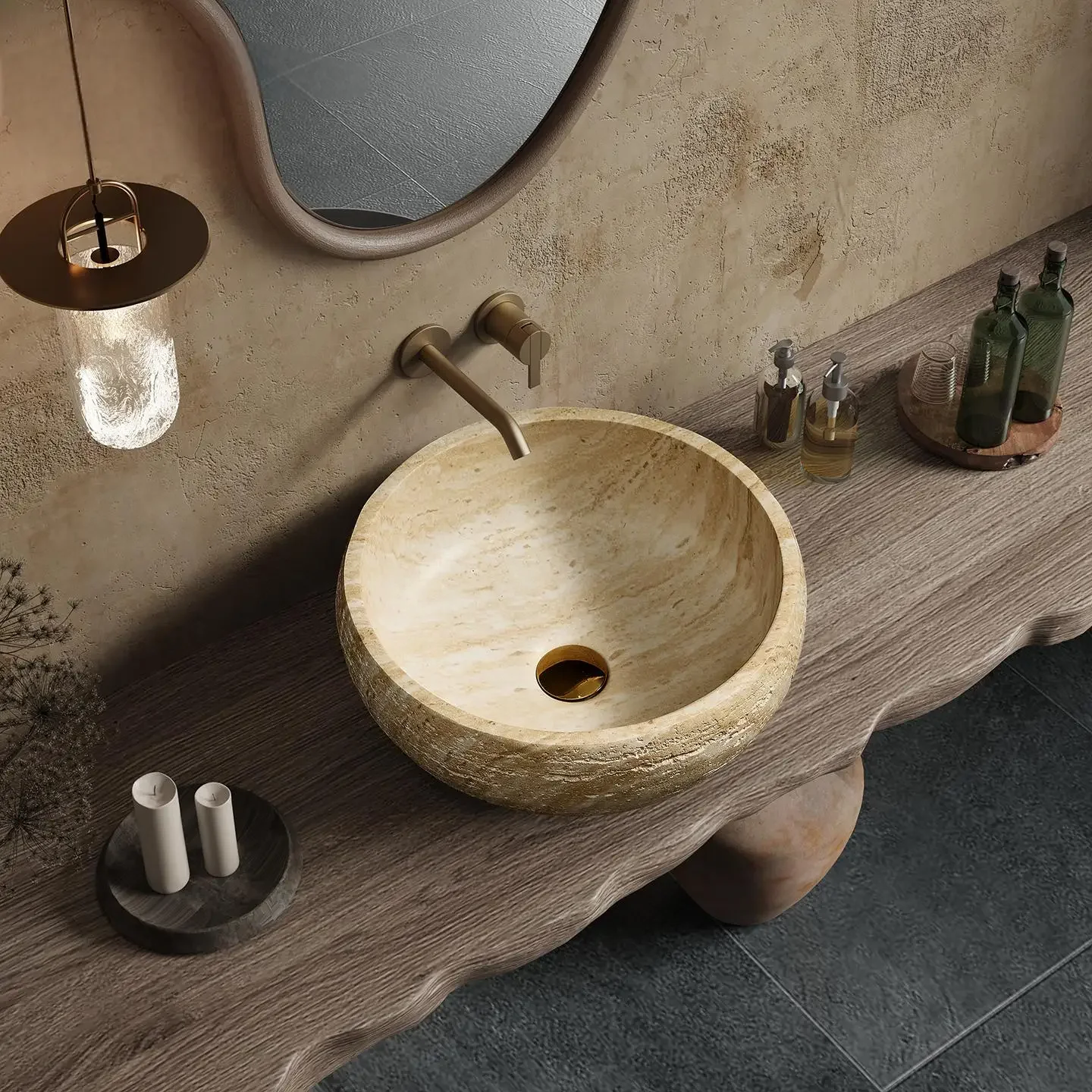 Vintage Round Travertine Vessel Sink, Beige Mid-century Modern Console Basin for Hotel Villa Bathroom