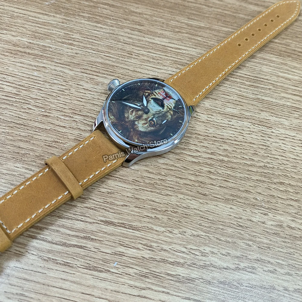 Parnis 44mm Handaufzug Herren klassische Tiger Löwe Zeichnung Zifferblatt Armbanduhr Anpassung akzeptabel