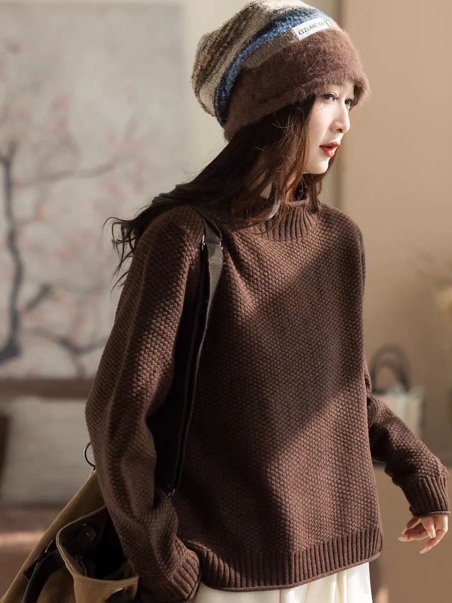 Thiened f-سترة ذات ياقة عالية المرأة محبوك طويل Sve عادية Sle غزل القطن مزدوجة حبلا الخريف الشتاء سترة #4