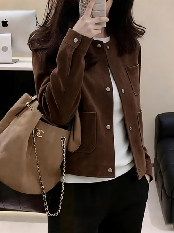 Chic Korean Style Brown Jacket Women's Fashionable Spring 2026 New Style  Shirt Age-Defying Casual Straight Cut Splice