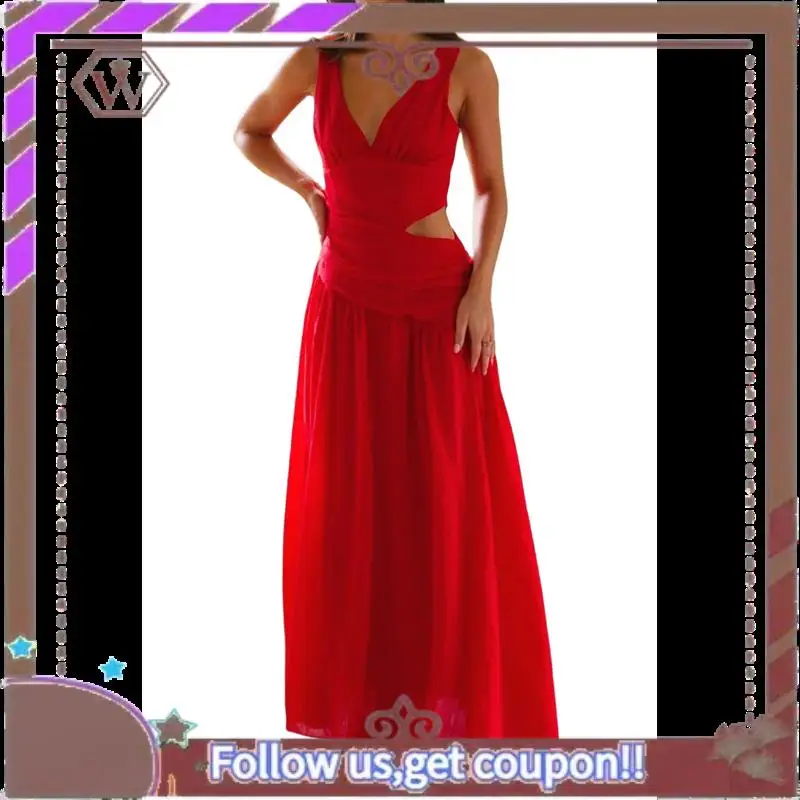 A95D-レディースロングドロップウエストルーシュサマードレス、流れるようなVネックカットアウトプリーツレディースドレス