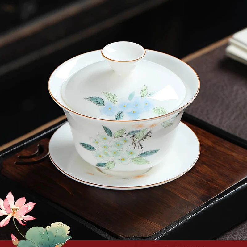 Hydrangea cover bowl, ceramic high-end three-talented tea bowl