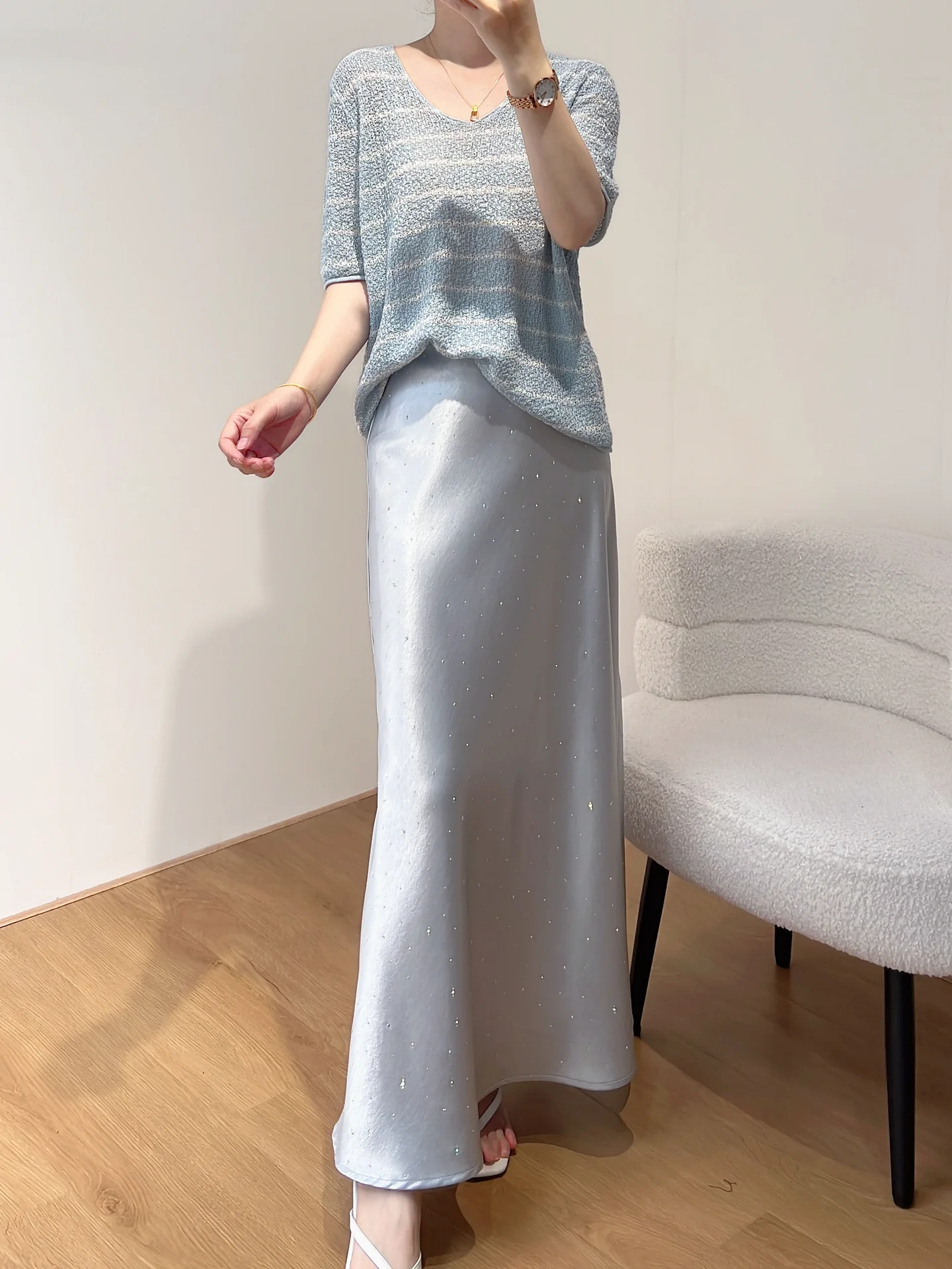 

Элегантная женская юбка-миди из ацетатного атласа с высокой талией, драпированная, облегающая, для офиса, корректирующая фигуру