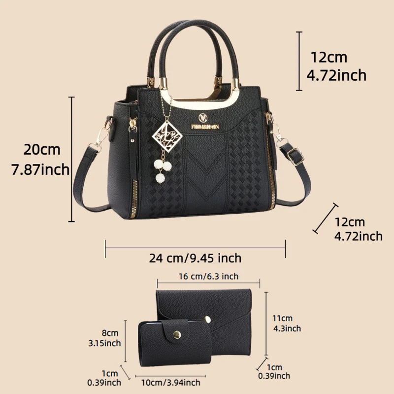 3-piece handbag set made of lychee-grain PU leather. This solid-color women's crossbody bag features a premium texture view 2