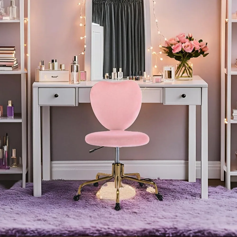 كرسي مكتب مخملي لطيف على شكل قلب وردي مع عجلات قابل للتعديل بارتفاع دوار كرسي زينة بدون ذراع منجد #5