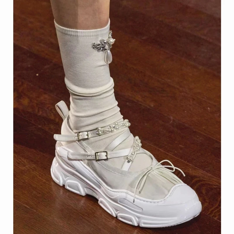 White Ballet Pearl Summer Sneakers 2023 New Women Bow Flat Black Mary Jane Shoes Luxury Designer Runway shoe on Offer