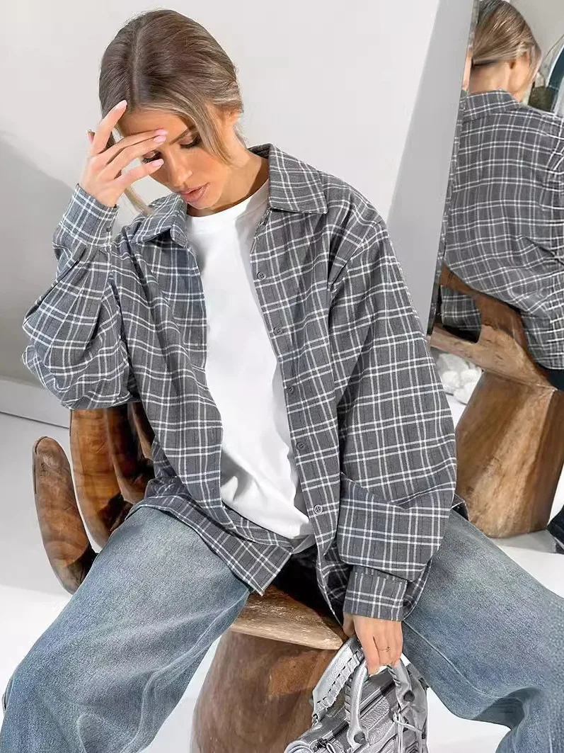 여성용 루즈핏 체크 카라 셔츠 캐주얼 슬레 패치워크 롱 슬리브 레귤러 얇은 여름 컬렉션 중국산