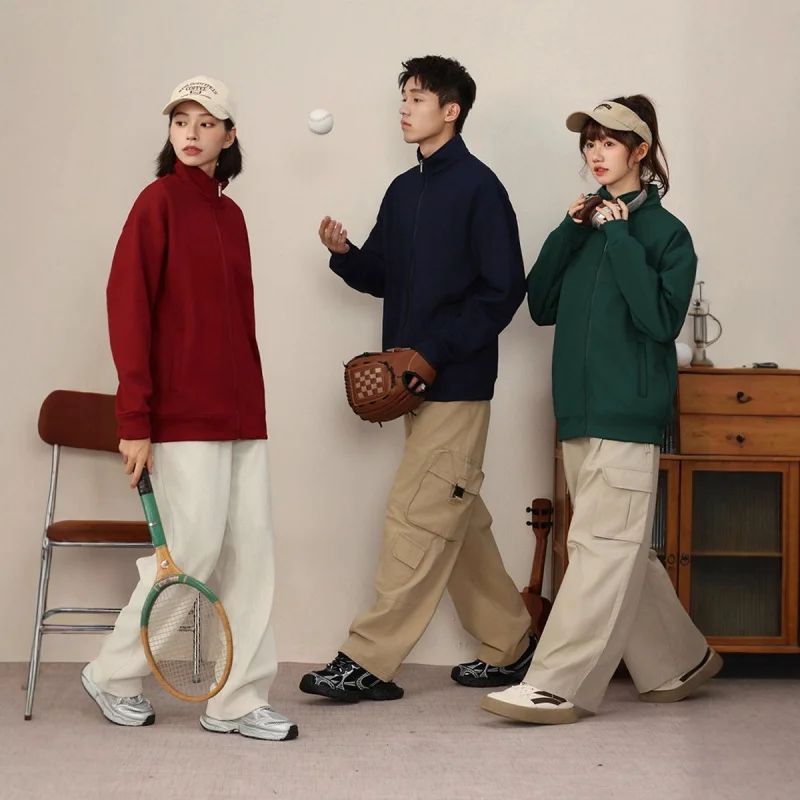 

Stand Collar Sweatshirt Custom Embroidery Autumn Winter Long Sleeve Workwear Fleece Cardigan Catering Uniform With P