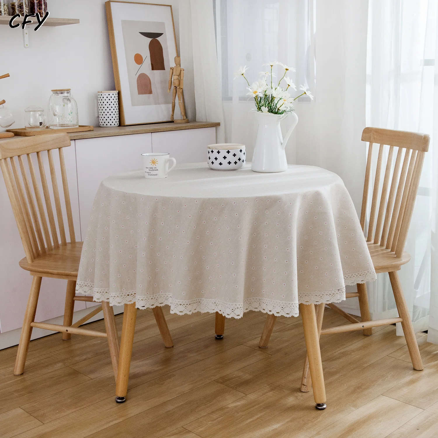 Cotton Linen Japanese Daisy Print Round Tablecloth Chicken Dining Table Cover Coffee Table Cloth Round Tablecloth