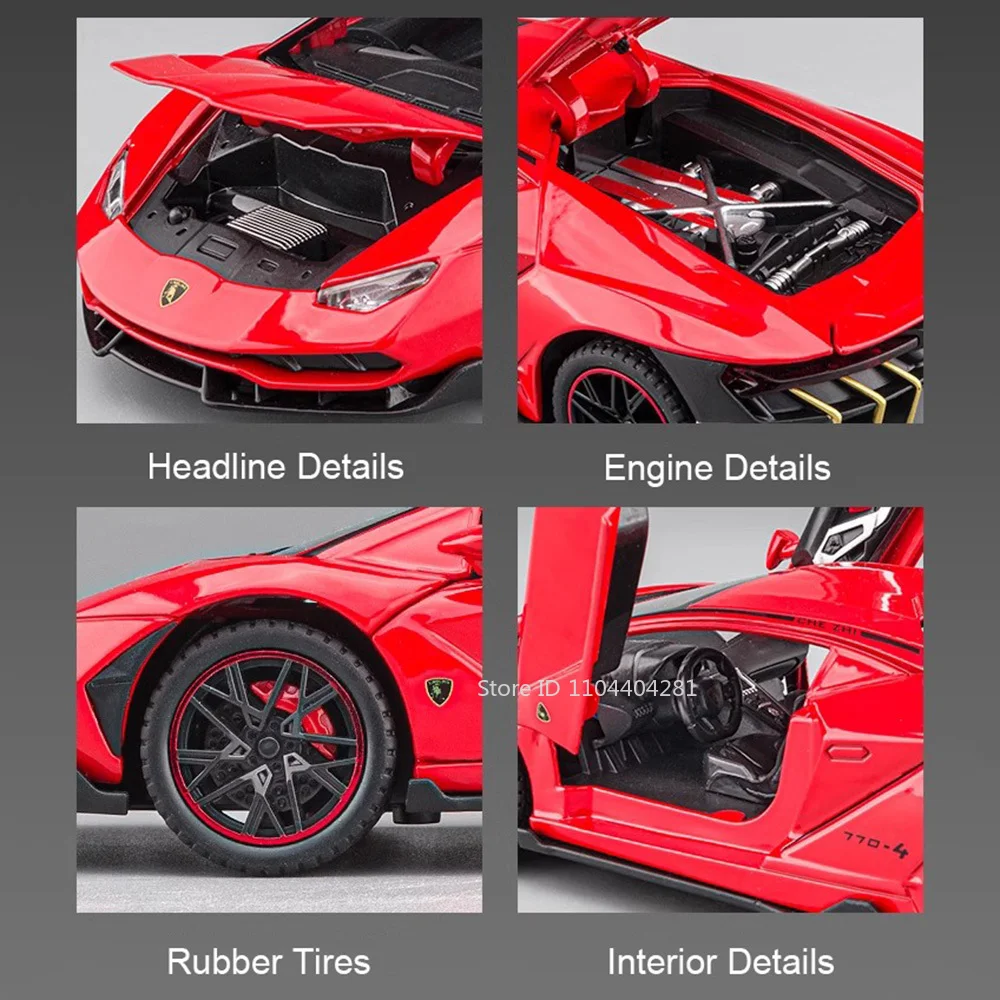 1:24 Lambor LP770-4 SVJ63 Model Toys Alloy Diecast Car Doors Opened Sound Light Pull Back Vehices Collect Simulation Models Gift