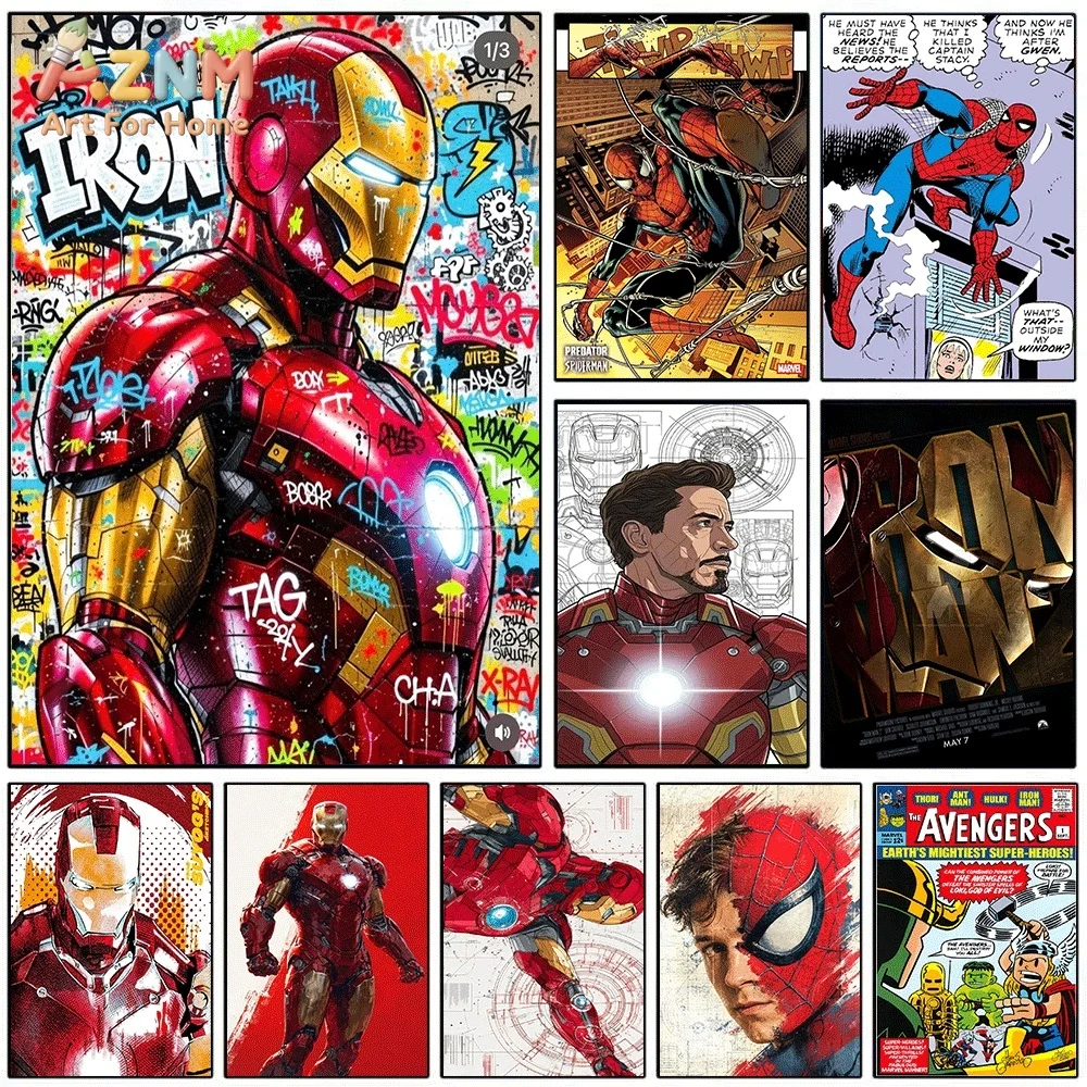 Impresión en Lienzo sin Marco de Iron Man Estilo Graffiti, Superhéroe de Marvel, Spider-Man, Vengadores, Diseño de Cómic para Habitación de Niños