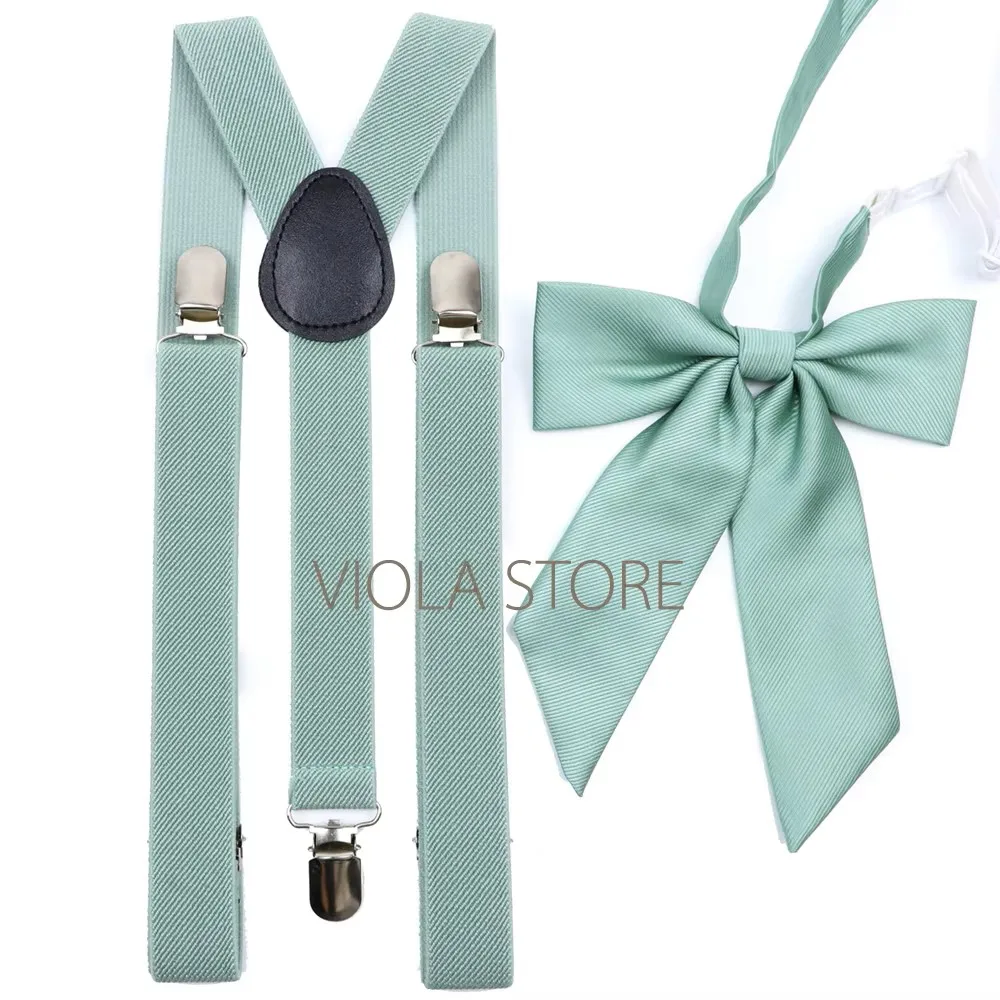 Hot New Sage Green Solid 2.5cm Suspender 6cm Tie Hankie Bow Set Men Kid Cravat Brace Adjustable Straps Wedding Party Accessory