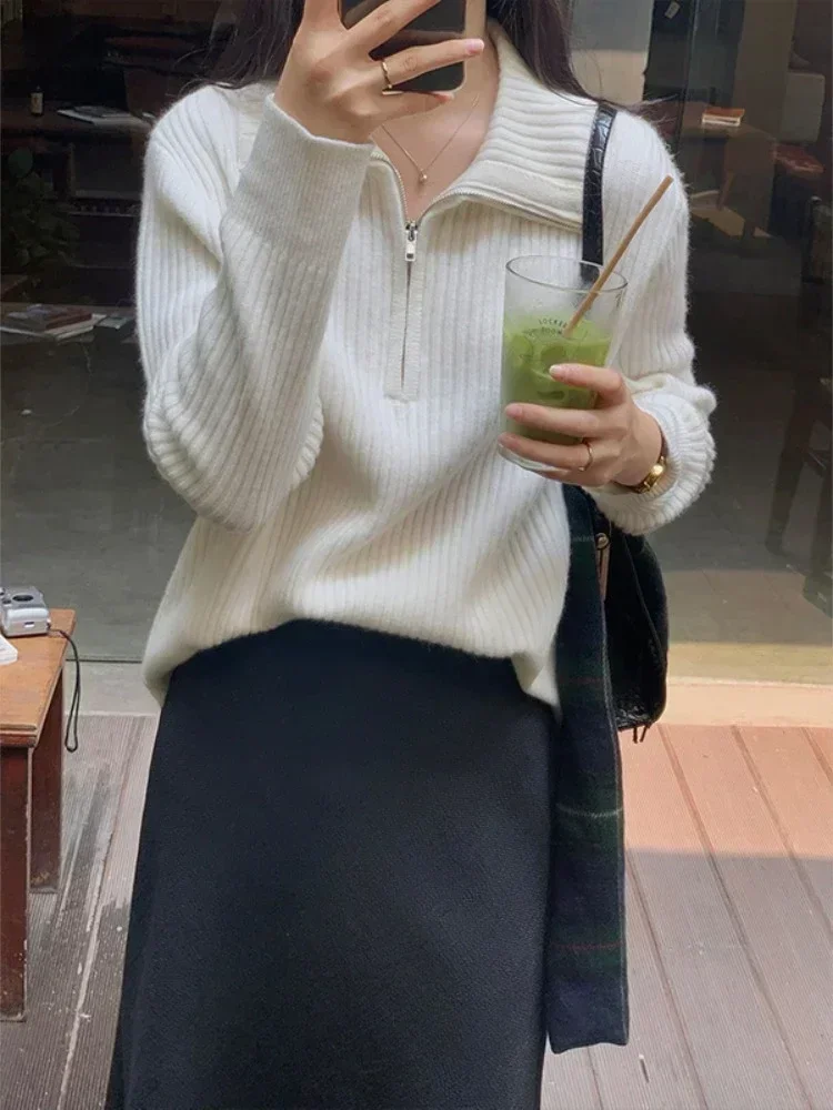 

Autumn New Zipper Sweater Women Knitted Loose Solid Pullovers Turndown Collar Korea Fashion Women's Jumpers Long Sleeve Tops