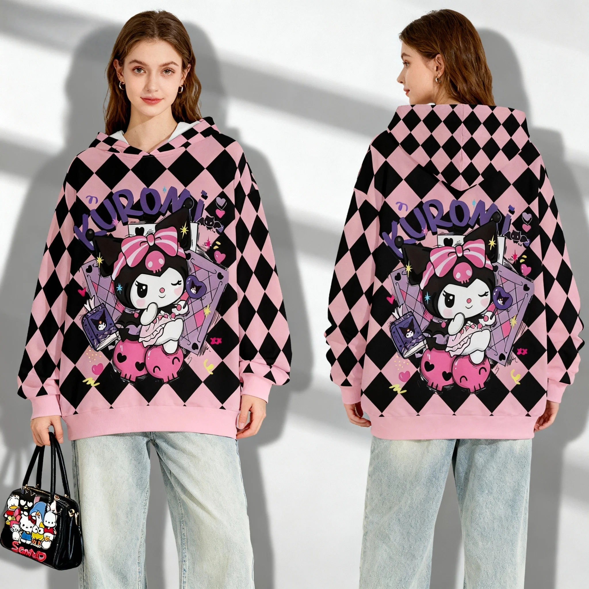 

Sanrio Family Kuromi Hello Kitty Series Sweet Cool American Trendy Street осенне-зимняя толстовка с капюшоном размера плюс для женщин и взрослых 25/26