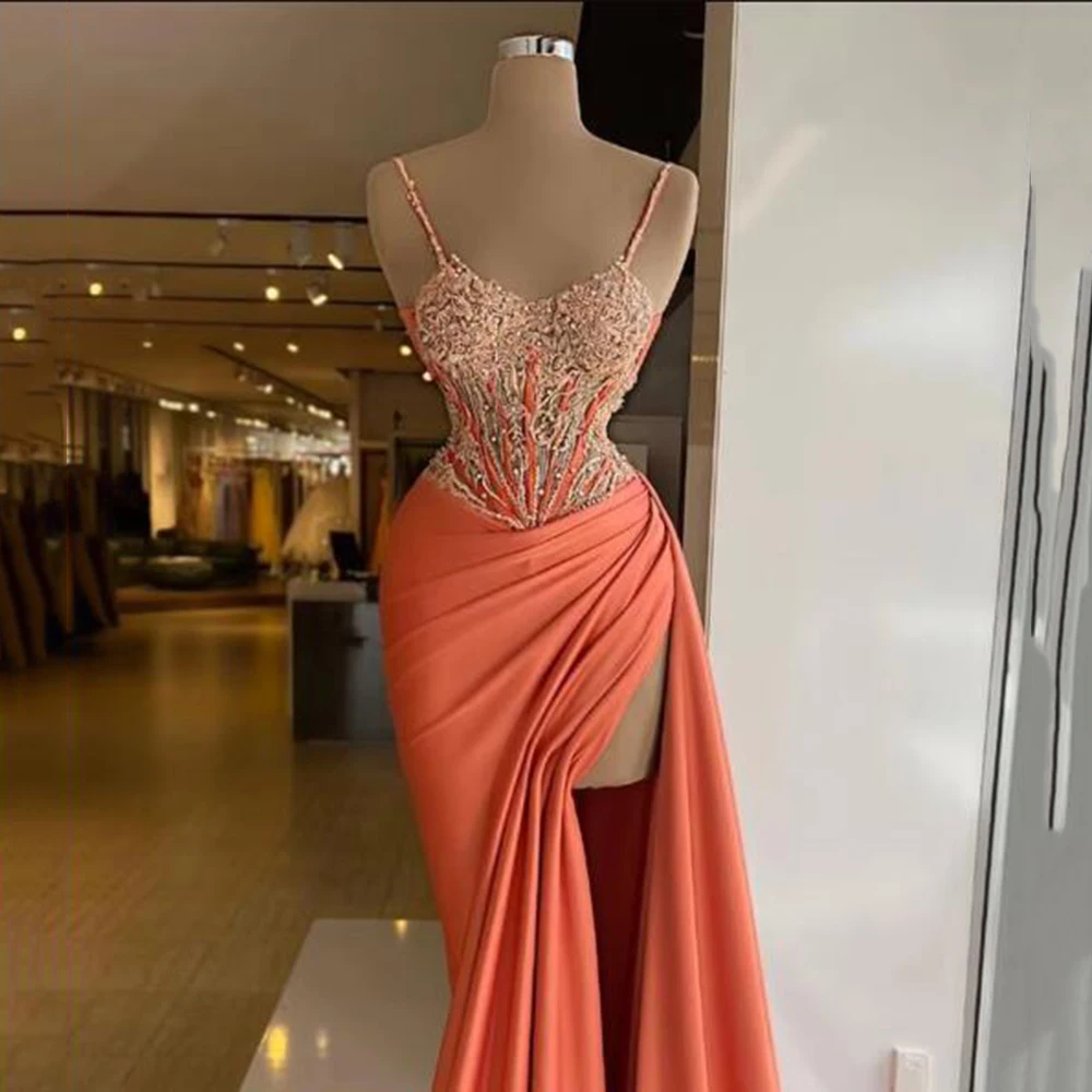 

Fashion Orange Red Evening Dresses Sweetheart Spaghetti Strap Floor Length Mermaid Side Split Appliques Women Banquet Prom Gown