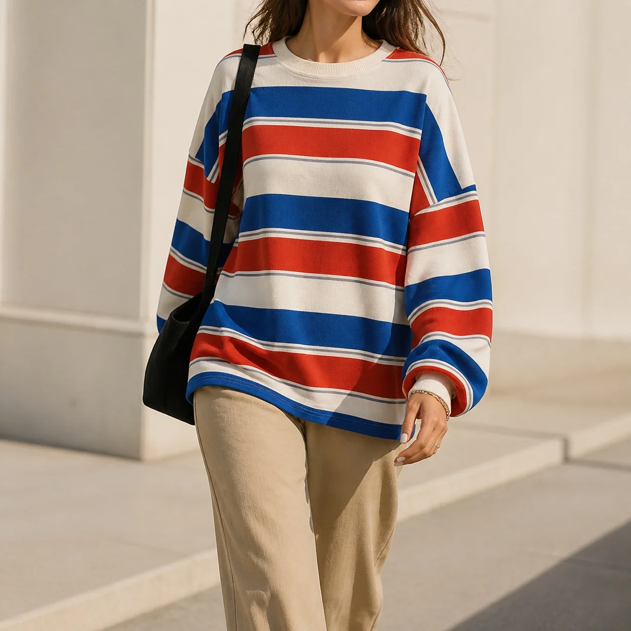 Women's Oversized Striped Blue Round Neck Printed Mid Length Brushed Fabric T-shirt Women Blouse Loose Fit Cotton-like Tee