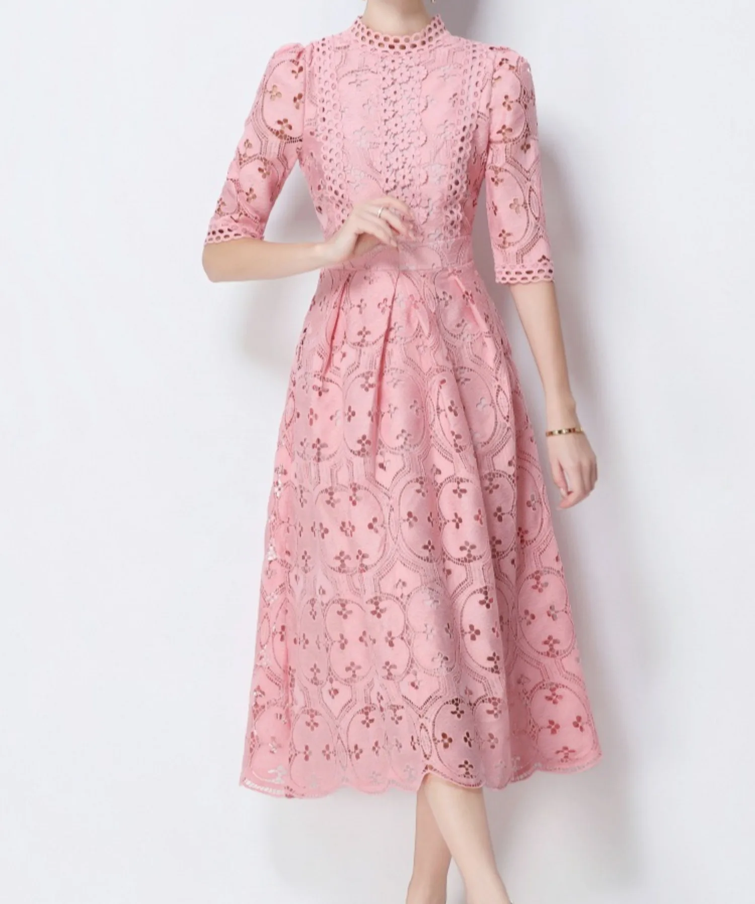 فستان وردي مجوف للنساء برقبة دائرية صيفي عالي الخصر أنيق فيستدوس ملابس خروج أنيقة عتيقة للسيدات