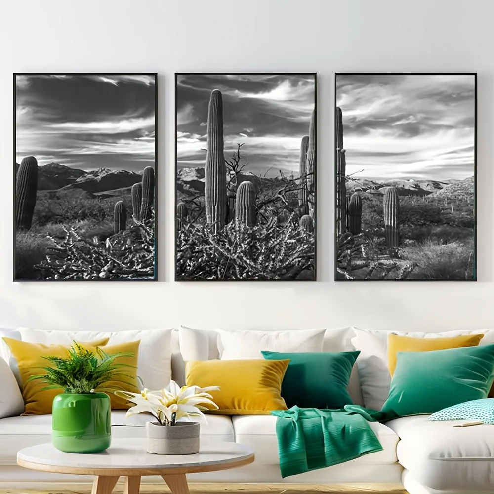 2D Flat, 2D Flat, Set of 3 Unframed Black And White Canvas Artworks Featuring a Sunset Landscape of The Arizona Sonoran Deser