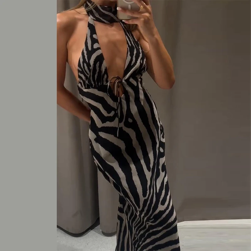 Zebra-Bedrucktes Neckholder-Maxikleid für Damen, Sexy, Ärmellos, Rückenfrei, Tailliert, Hüftbetont, Schlankes Abendkleid, Elegante Damenroben – Detail 11