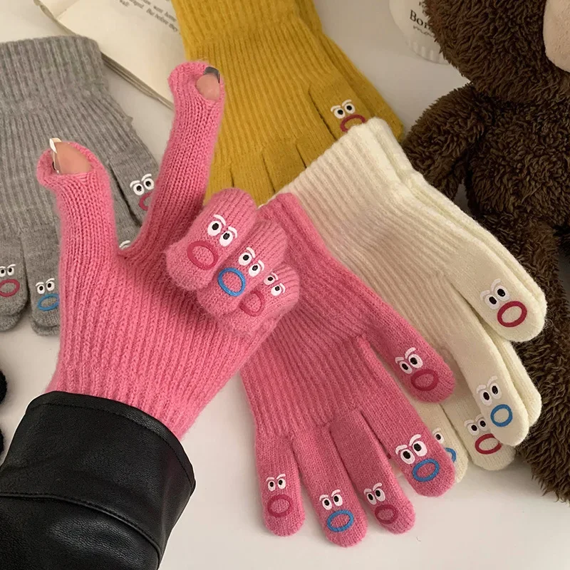 Cute Knitted Wool Gloves Female Winter Can Touch The Screen To Keep Warm Dew Two Fingers Fingers Student Five Fingers Cycling