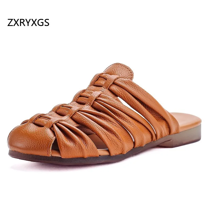 ZXRYXGS Promotion Round Toe Hollow Genuine Leather Slippers Fashion Versatile Cool Slippers 2026 New Summer Women Flat Slippers