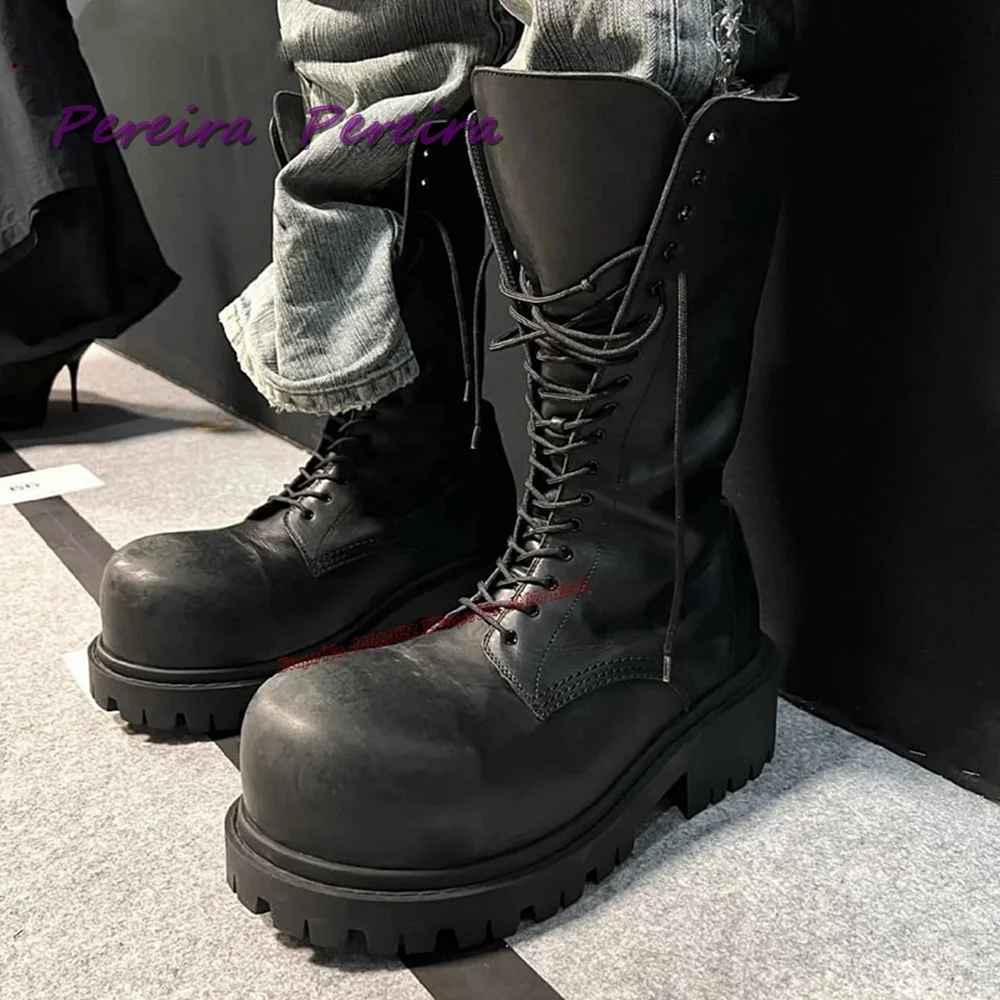 Hot Sale Leather Boots Lace Up Big Round Toe British Style Height Increasing Square Heel Solid Winter Mid-Calf Shoes New Trend