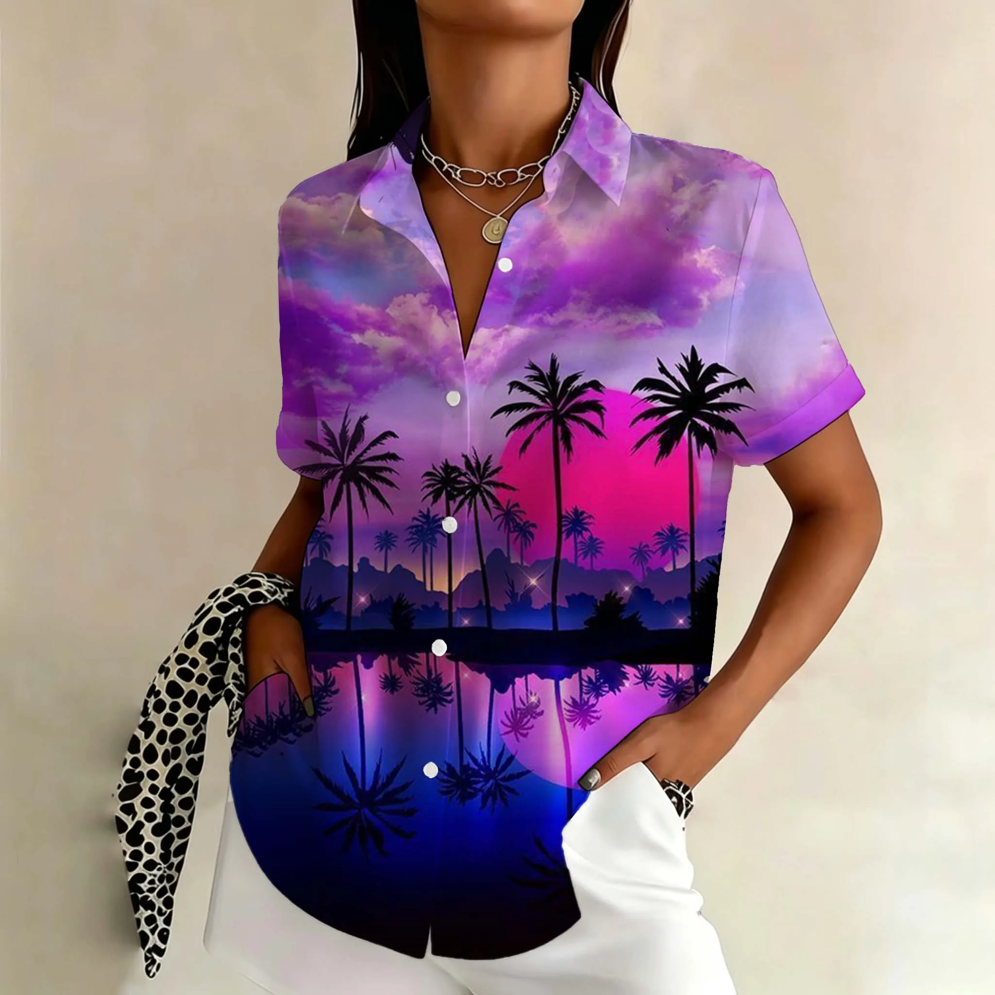 Women's Tropical Sunset Hawaiian Shirt Coconut Tree Print Short Sleeve Button Down Beach Vaction Blouse Summer Fashion Clothing