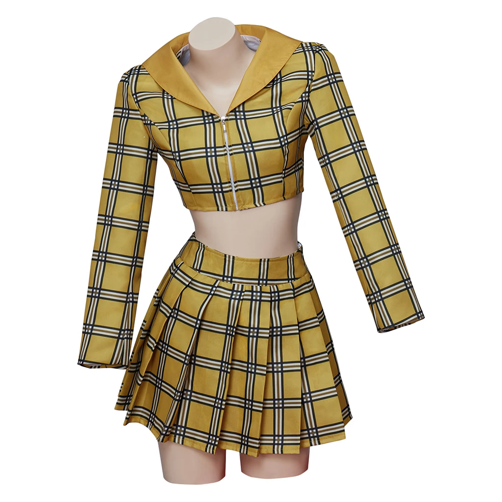 Film Clueless Cher Horowitz Cosplay Kostüm Damen 90er Jahre Schuluniform Gelb Kariertes Crop-Top Rock-Set Halloween Party Outfit