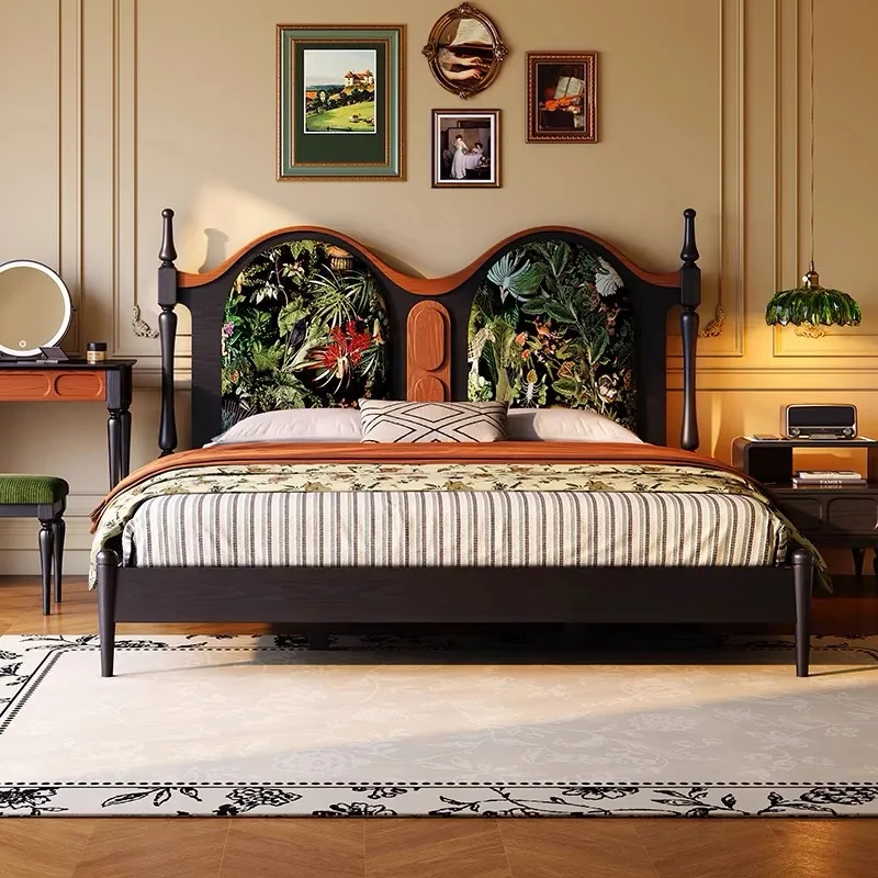 

French retro solid wood bed creative designer medieval high-grade ash wood double bed black fabric soft bag bed