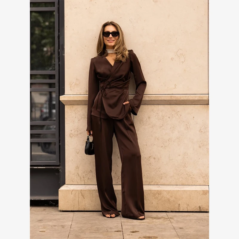 Women Satin 2‑piece Outfit Wrap V‑neck Tie‑waist Flare Sleeve Blouse & High Waist Wide Leg Pants Old Money Commuter Co‑ord Set