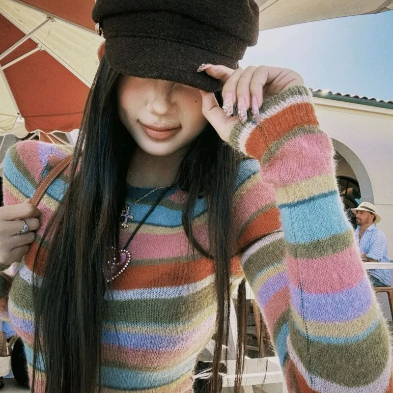 새로운 가을 겨울 이너핏 슬림핏 배색 스트라이프 니트 스웨터 여성용 상의