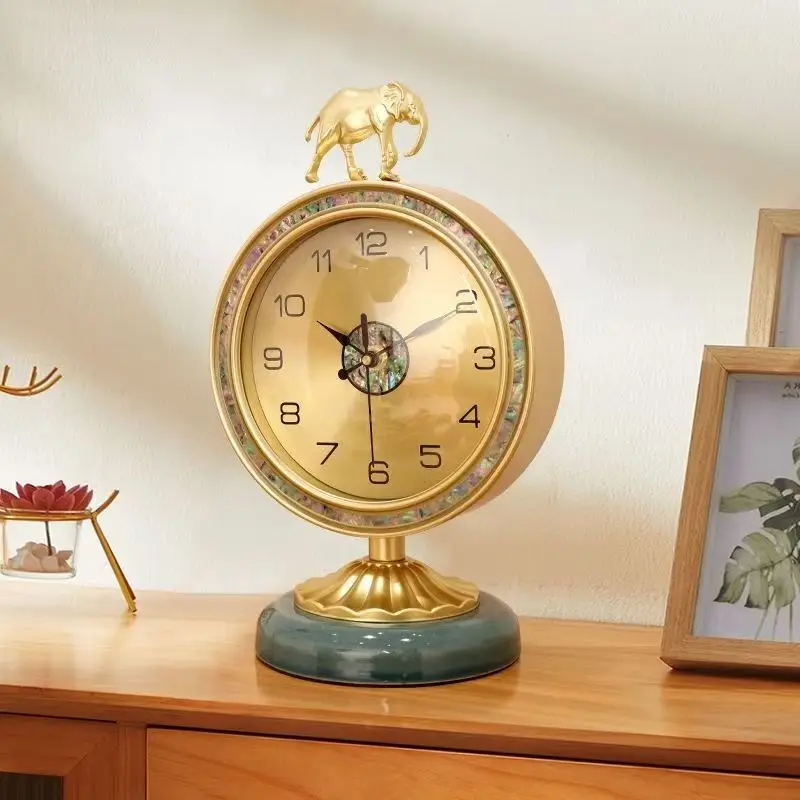 

Antique Desk Clocks Luxury Design Table Clock Shell Metal Ornament Home Decoration Elephant Artwork
